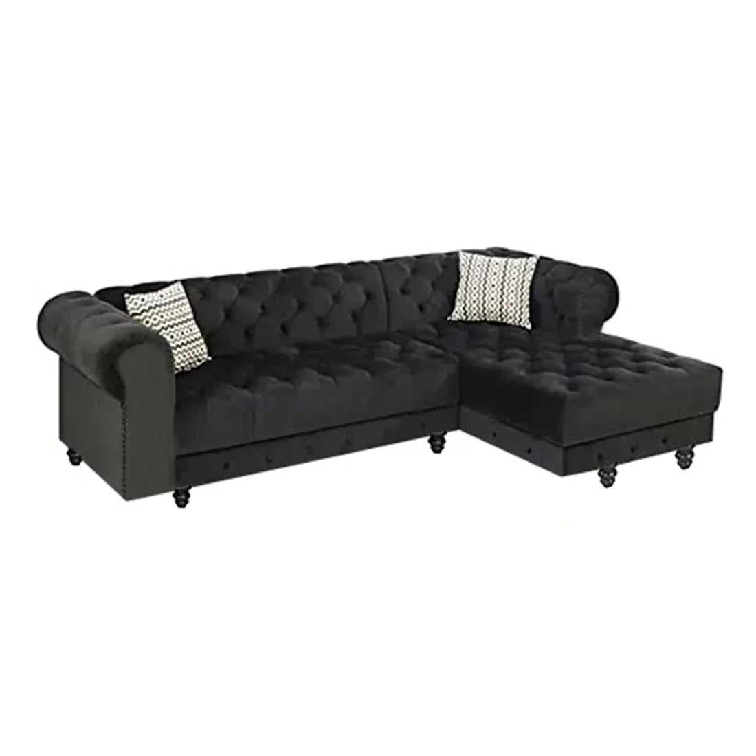 Cannes Solid Wood 5 Seater L Shape Fabric Chesterfield Sofa for Living - Black