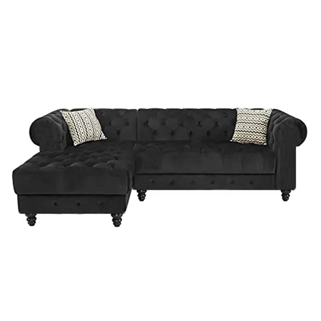 Cannes Solid Wood 5 Seater L Shape Fabric Chesterfield Sofa for Living - Black