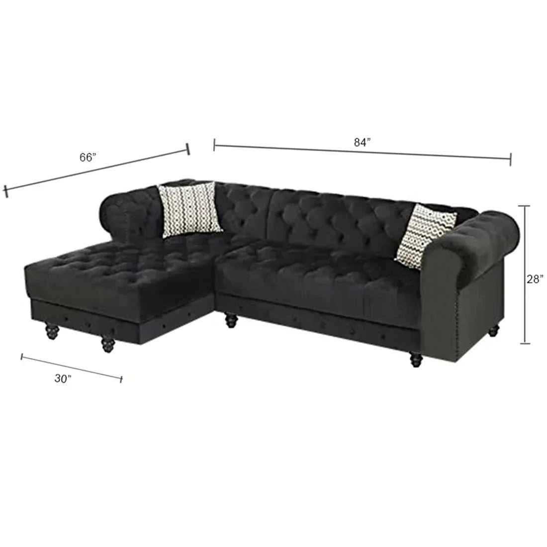 Cannes Solid Wood 5 Seater L Shape Fabric Chesterfield Sofa for Living - Black