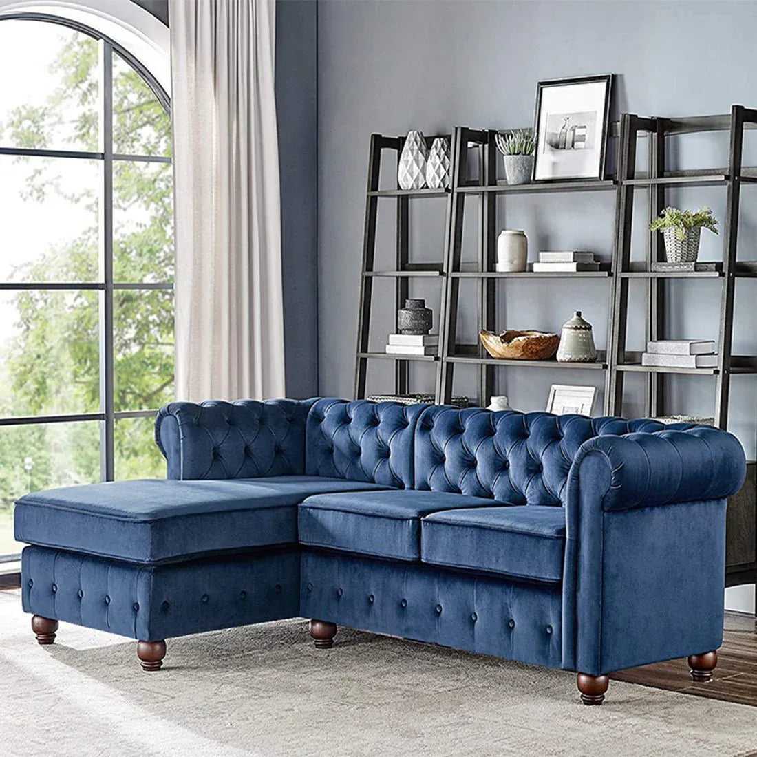 Eureka Solid Wood 4 Seater L Shape Fabric Chesterfield Sofa For Living - Blue
