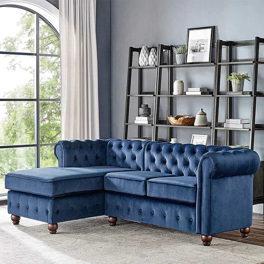 Eureka Solid Wood 4 Seater L Shape Fabric Chesterfield Sofa For Living - Blue
