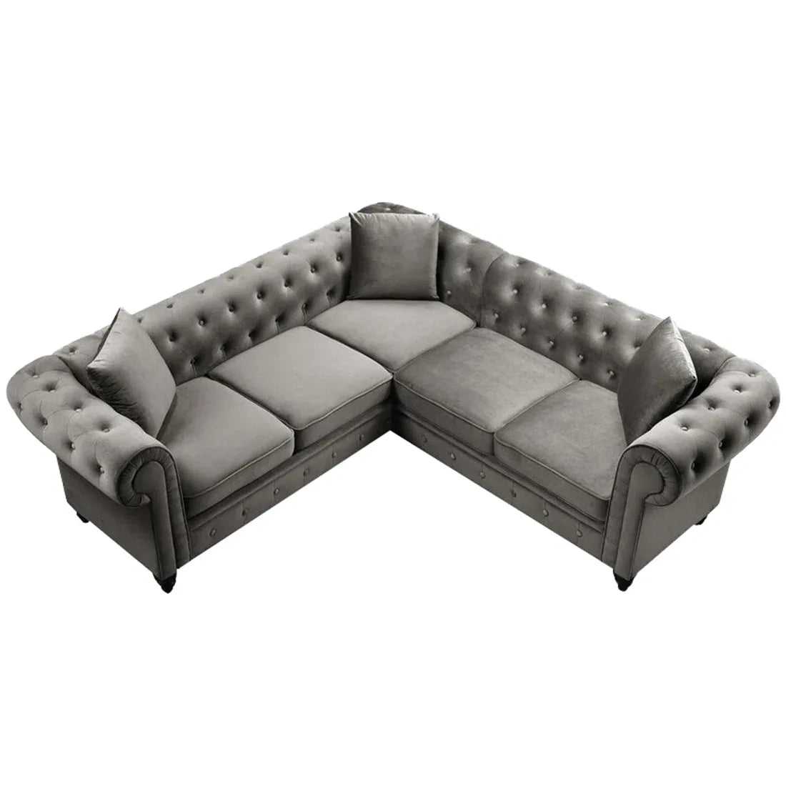 Glacier solid Wood 5 Seater Fabric L Shape Chesterfield Sofa for Living Room - Grey