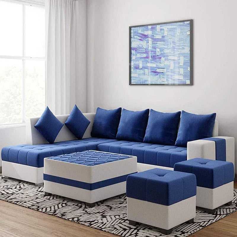 Steffan 8 Seater L Shape Fabric Sofa Set with Centre Table and 2 Puffy | Premium 8 Seater Sofa Set