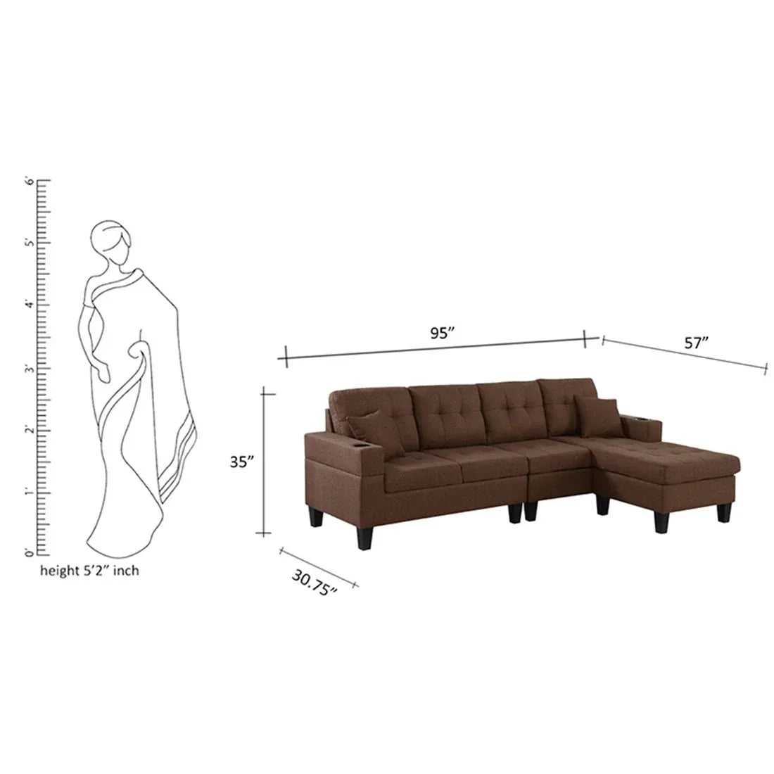 Madelyn 6 Seater Interchangeable L Shape Fabric Sofa For Living Room | Bedroom | Office