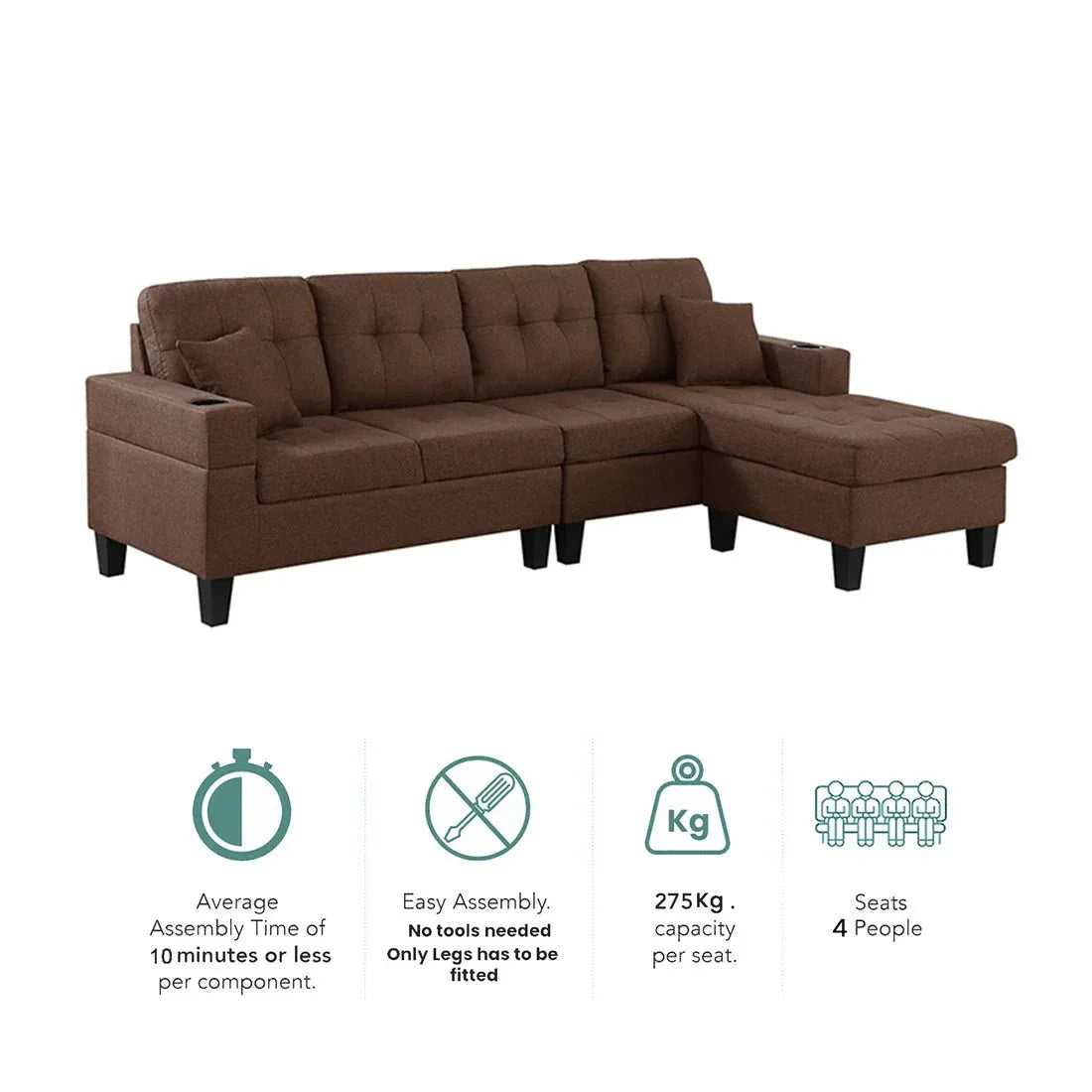 Madelyn 6 Seater Interchangeable L Shape Fabric Sofa For Living Room | Bedroom | Office