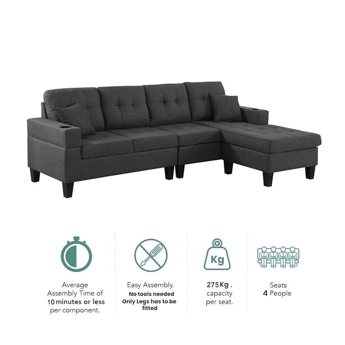 Madelyn 6 Seater Interchangeable L Shape Fabric Sofa For Living Room | Bedroom | Office