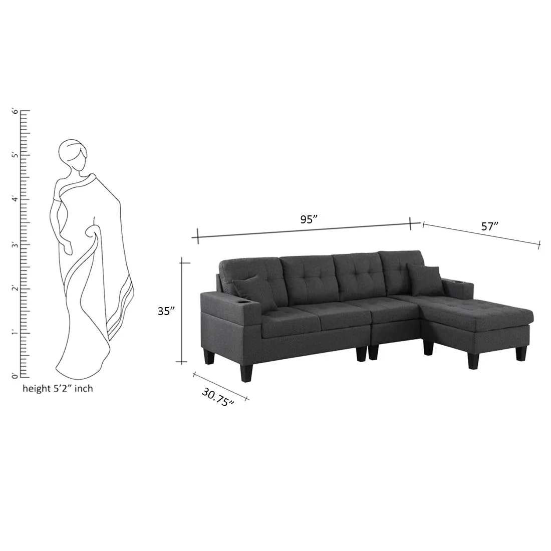 Madelyn 6 Seater Interchangeable L Shape Fabric Sofa For Living Room | Bedroom | Office
