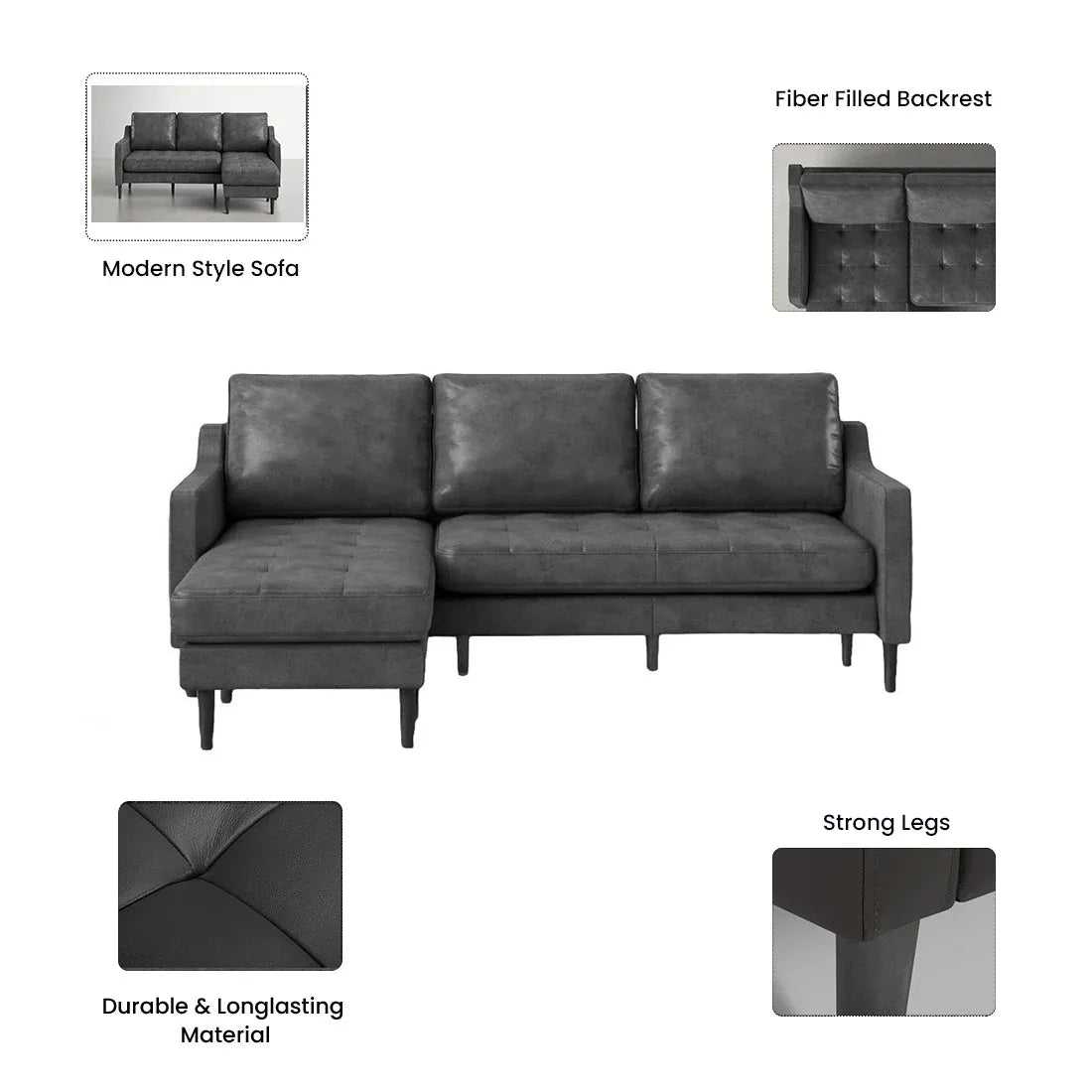 Pacific 4 Seater Leather L Shape Sofa for Living Room