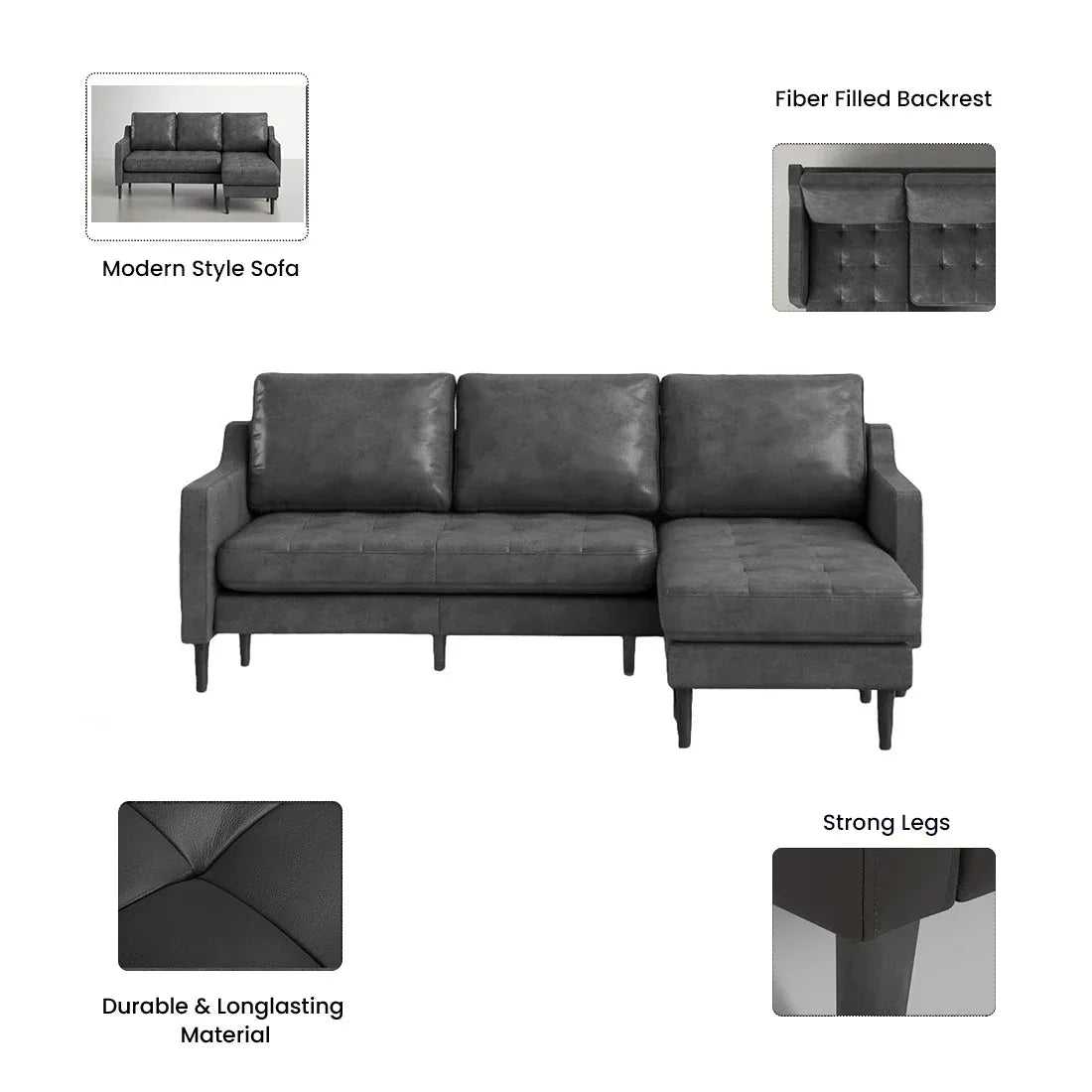 Pacific 4 Seater Leather L Shape Sofa for Living Room
